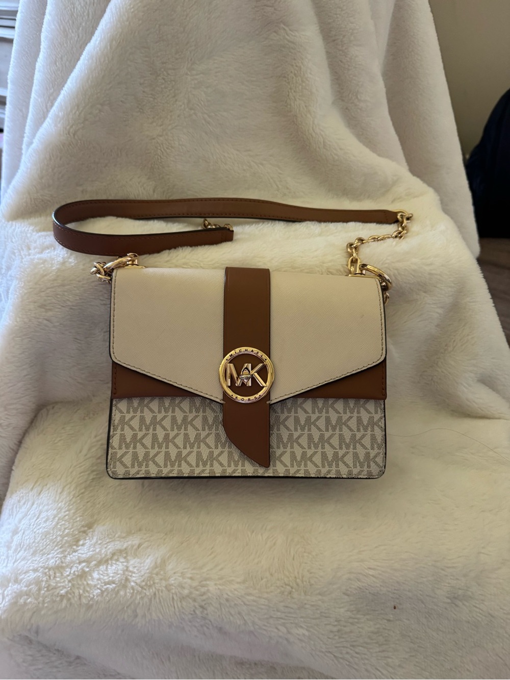 Michael Kors Tri-Tone MK Logo Crossbody in Cream, Brown and Tan
